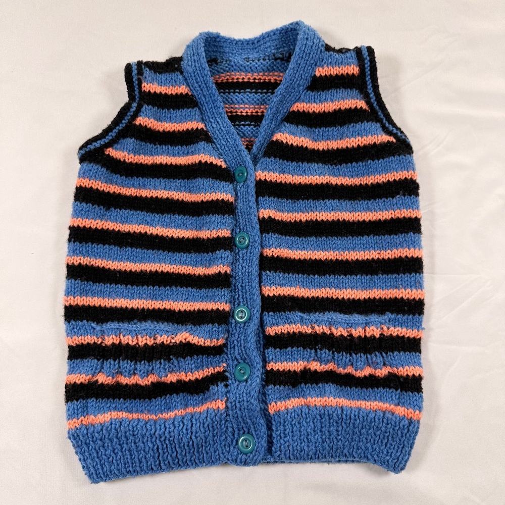 Vintage Hand Knit Striped Sweater Vest Blue Orange Black 2T